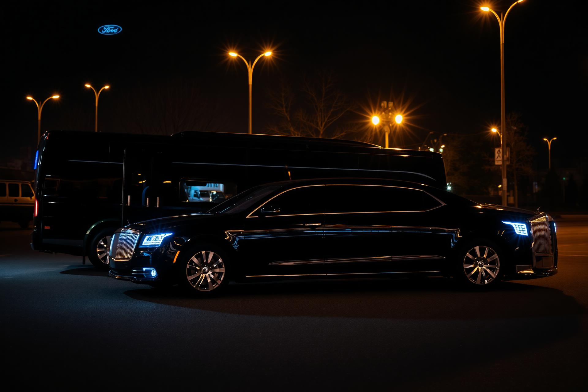 Luxury limousine and charter bus at night